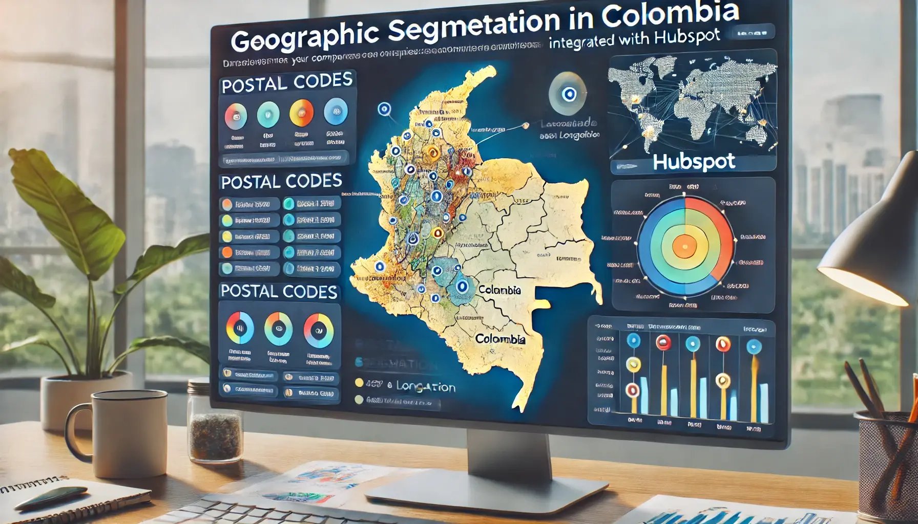 DALL·E 2024-07-26 07.19.12 - An image representing geographic segmentation in Colombia integrated with HubSpot. The image should feature a map of Colombia highlighted with differe