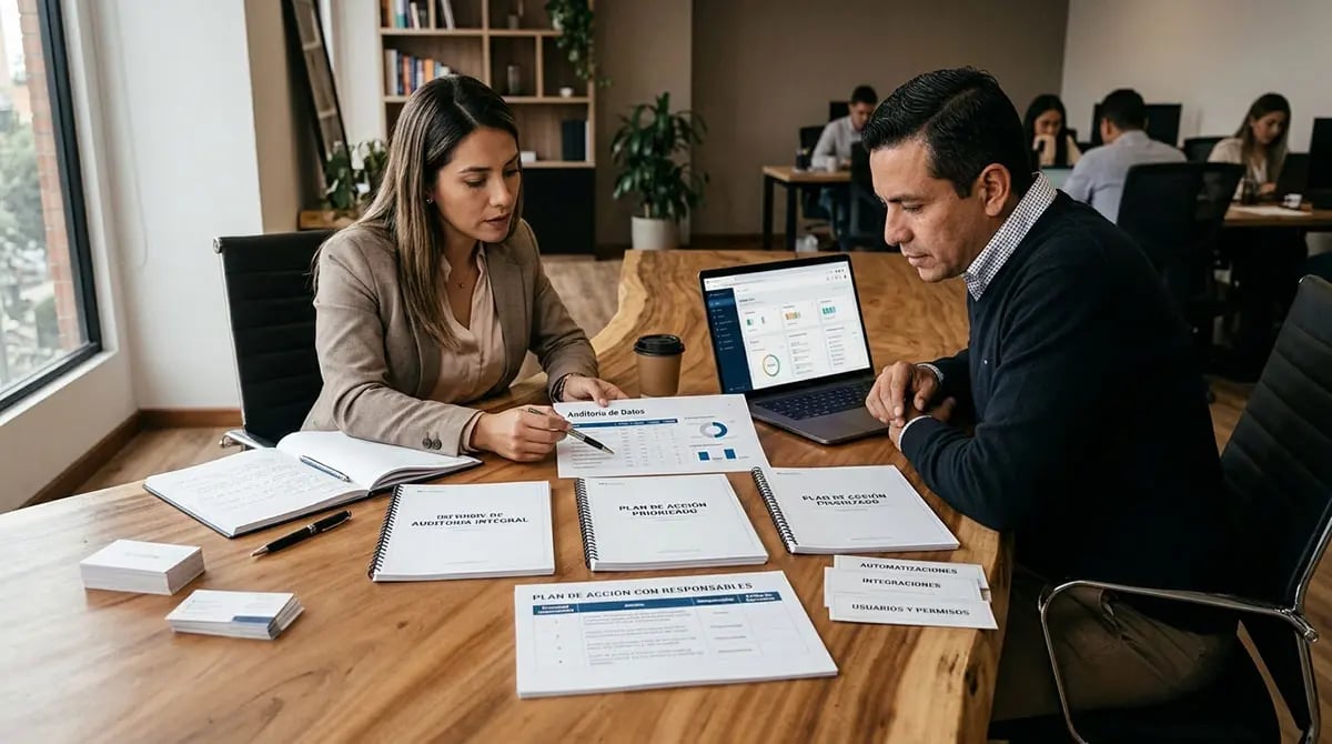 Una consultora y un gerente de operaciones revisan un informe de auditoría de CRM y un plan de acción impreso en una mesa de madera. Al lado, una laptop exhibe gráficos del sistema, transmitiendo una evaluación estructurada y priorizada.