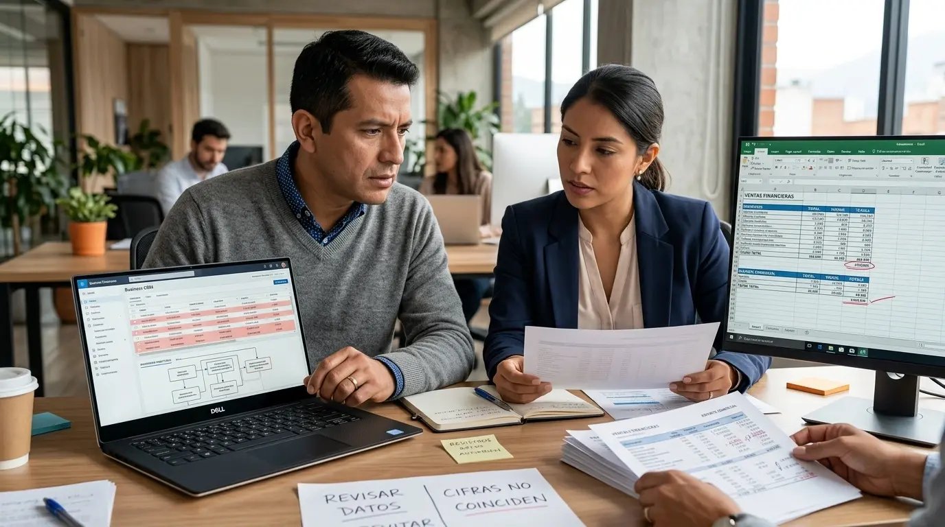 Un gerente comercial y una coordinadora analizan en una laptop y un monitor la falta de coincidencia entre los datos del CRM y las hojas de cálculo. Sobre el escritorio hay informes impresos, transmitiendo la necesidad de una auditoría profunda de datos.