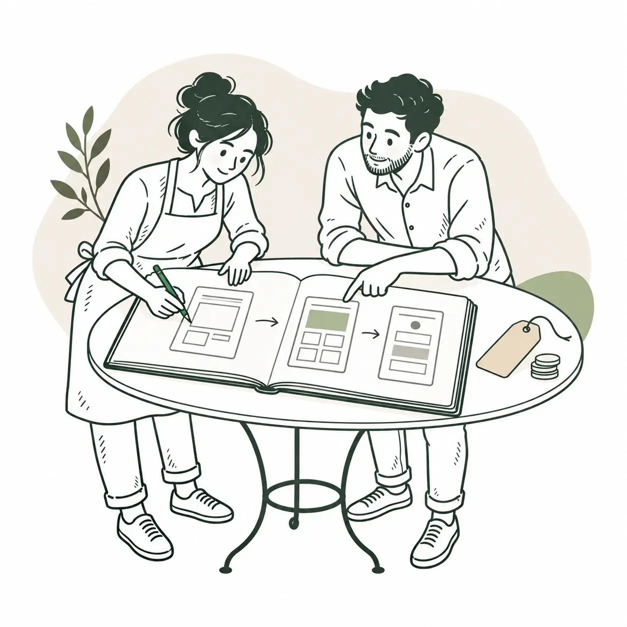 Dos personas dibujan y revisan pantallas de app en un cuaderno, junto a una etiqueta de precio en blanco y monedas.