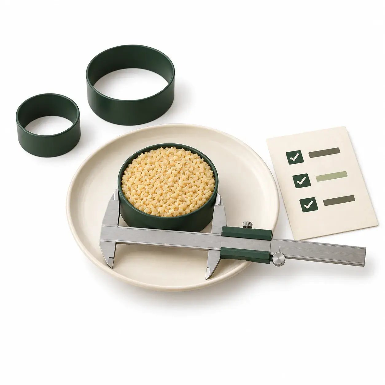 Porción de cuscús en un molde verde, medida con una guía, junto a dos moldes vacíos y una lista de tres criterios.