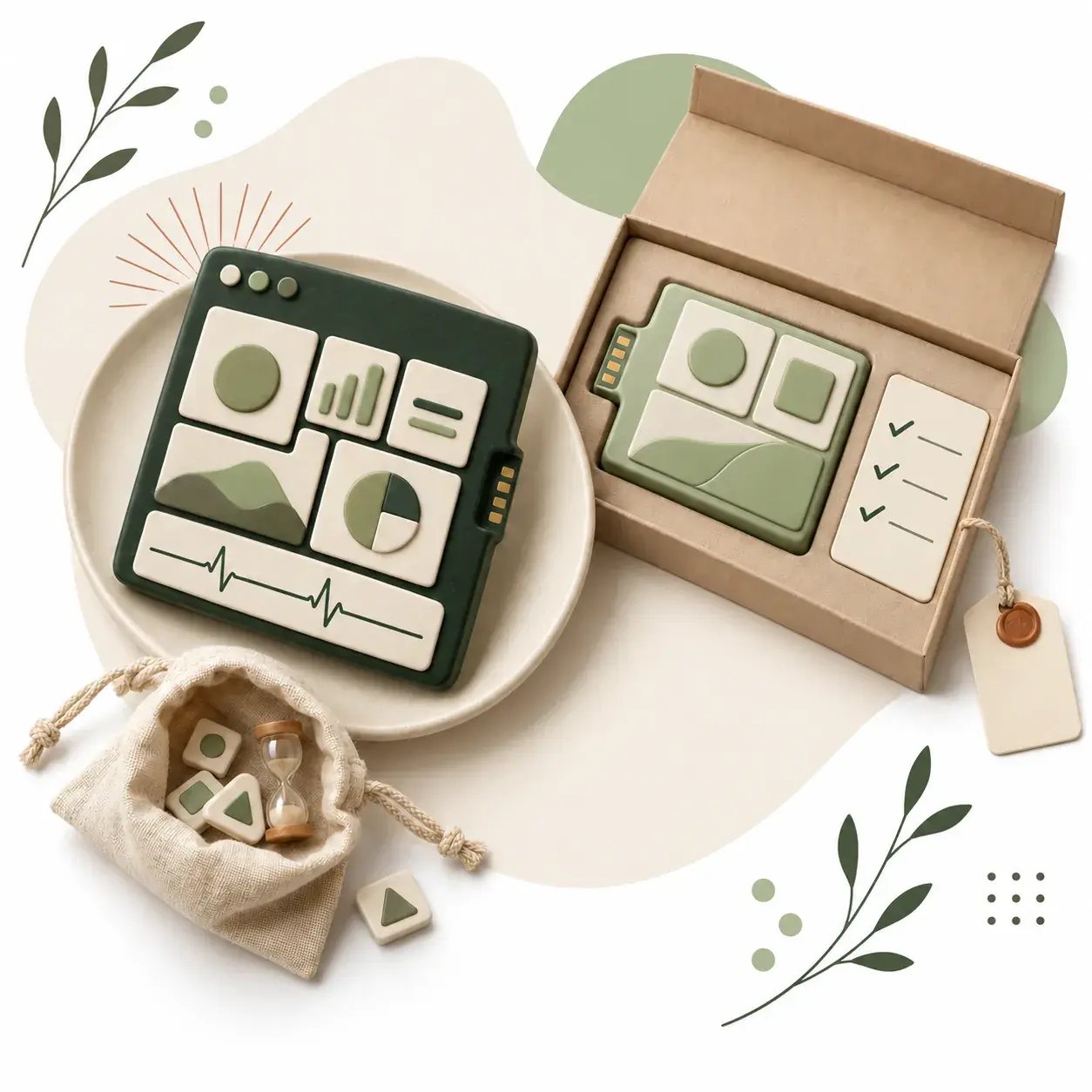 App verde sobre un plato, bolsa de ajustes y estuche de ampliación con lista marcada, entre formas y ramas de Bistró.