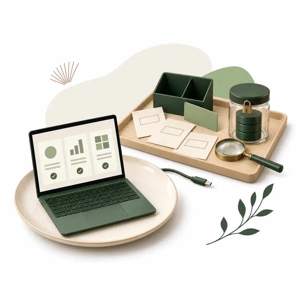 Portátil con apps sobre un plato, junto a tarjetas, organizador vacío, datos con candado, lupa y cable desconectado.