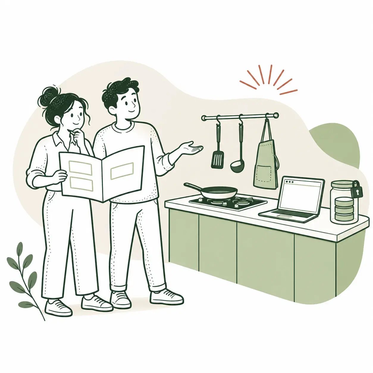 Dos compañeros revisan un recetario ante una cocina sin usar, con un portátil y un recipiente de datos con candado.