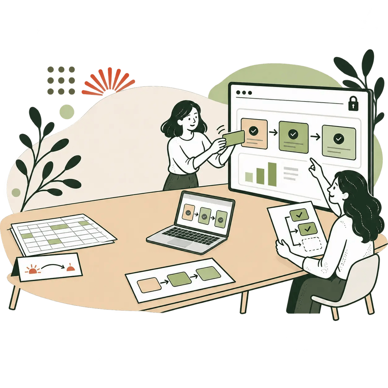 Dos mujeres revisan una app con flujo aprobado, métricas y candado junto a un portátil y una hoja de cálculo.