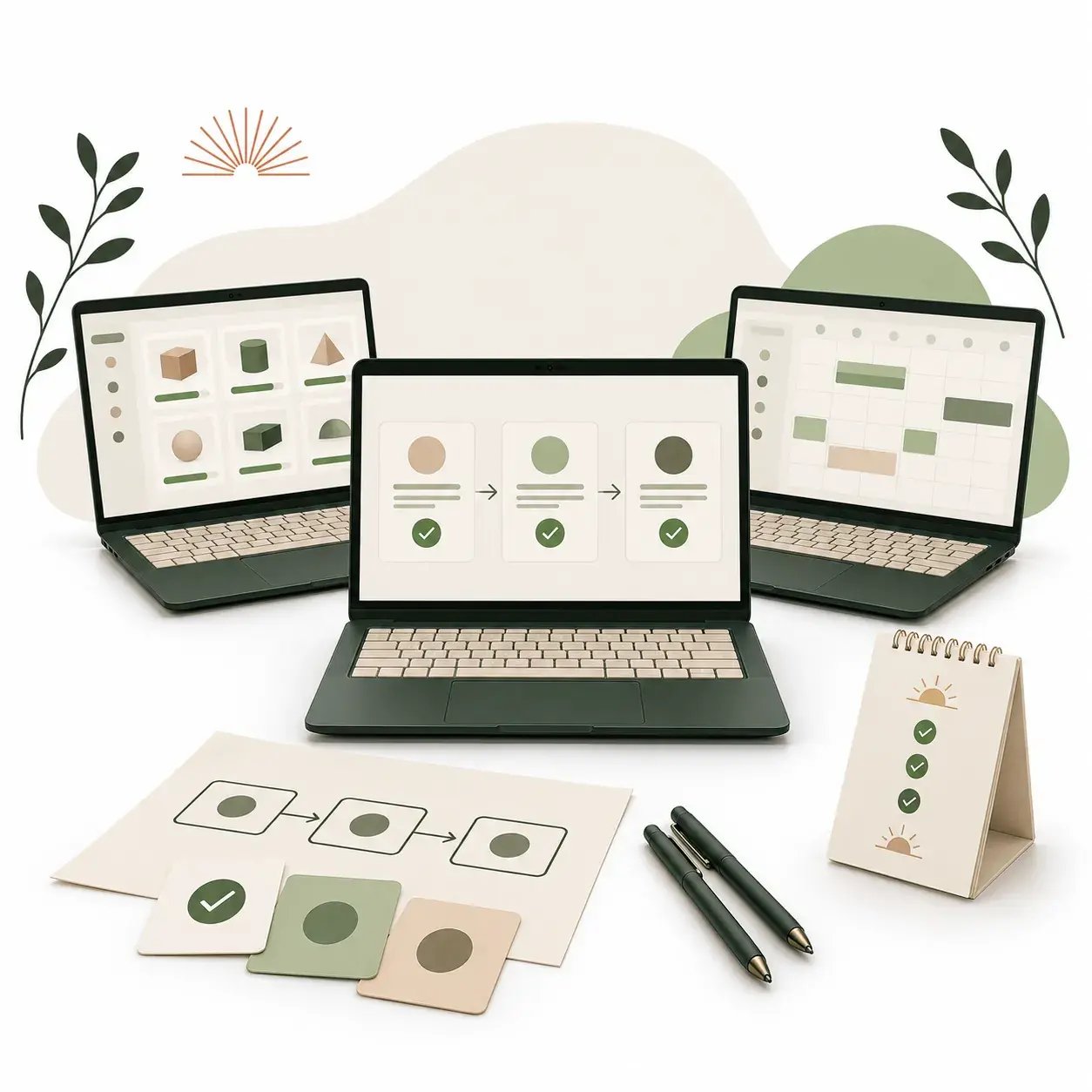 Tres portátiles con apps de aprobaciones, inventario y agenda junto a tarjetas de procesos, dos bolígrafos y un calendario.