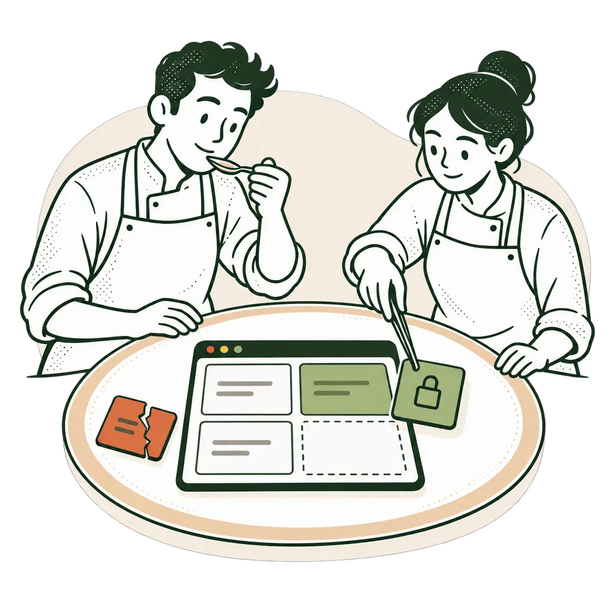 Un cocinero prueba el plato mientras una especialista coloca un módulo con candado en una app con una pieza rota apartada.