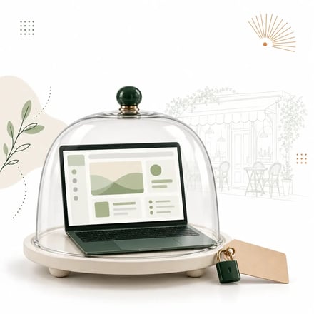 Portátil con una app bajo una campana de cristal y etiqueta con candado, símbolo de entrega a precio fijo