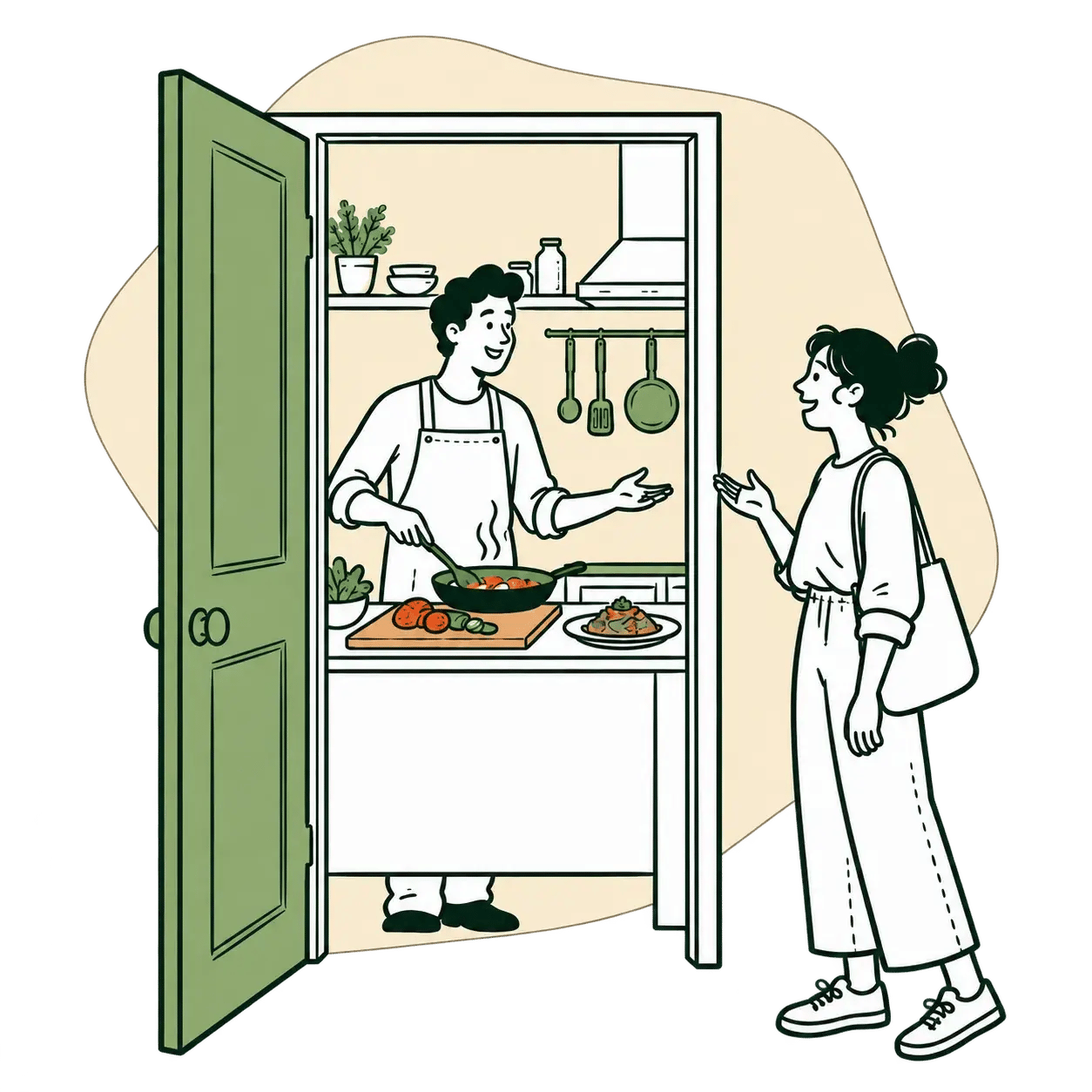 Cocinero preparando alimentos y conversando con una visitante a través de una puerta abierta, con el proceso visible.