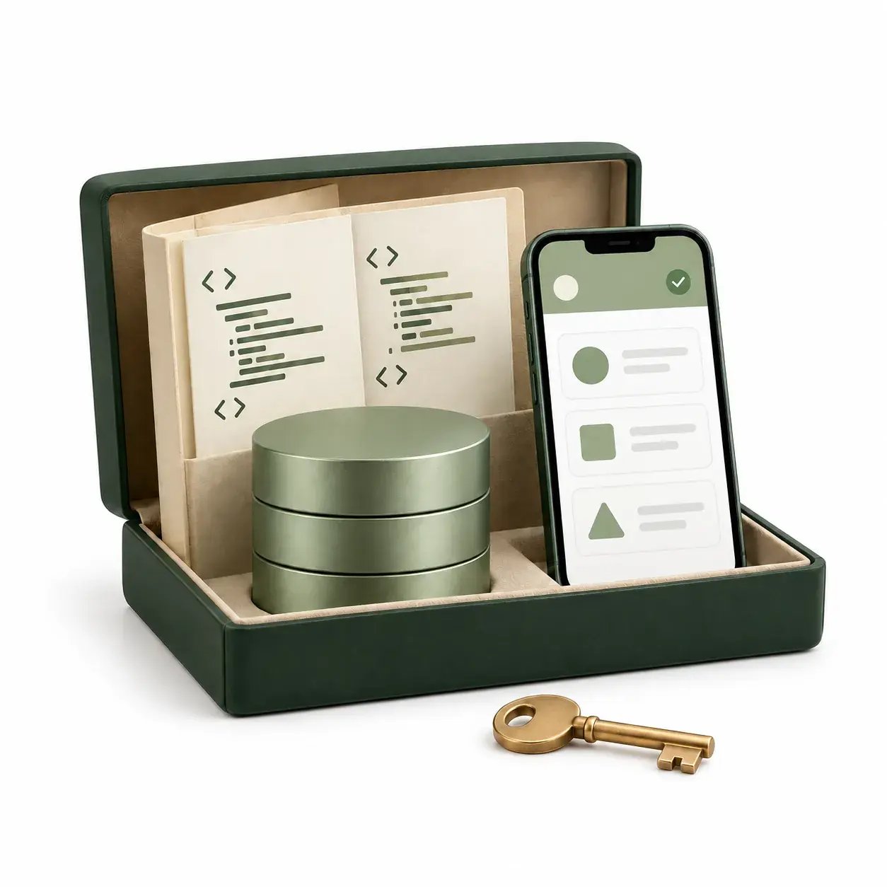 Estuche verde con documentos de código, discos de datos y un teléfono con una app, acompañado de una llave.