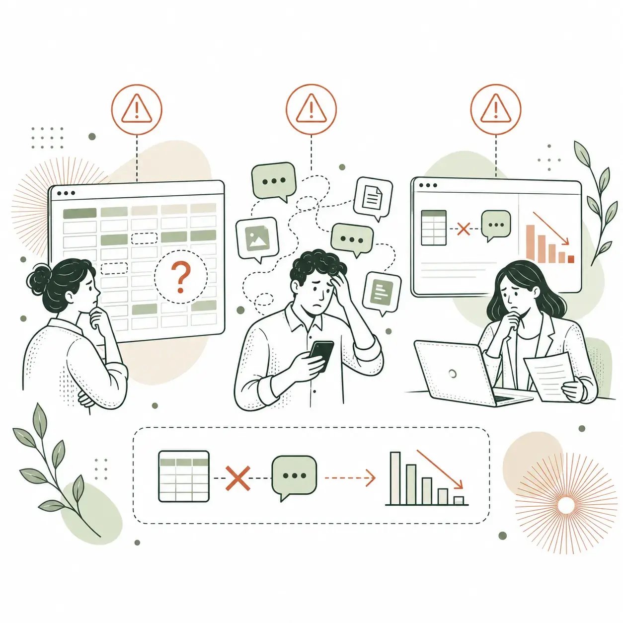 Equipo trabajando entre hojas de cálculo, chats y correos dispersos antes de tener una app a la medida