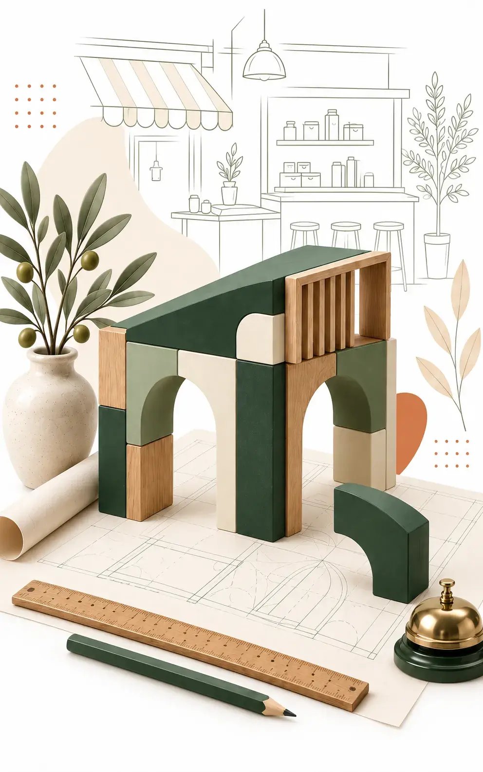 Estructura modular verde y de madera sobre planos, símbolo de una solución tecnológica construida a medida