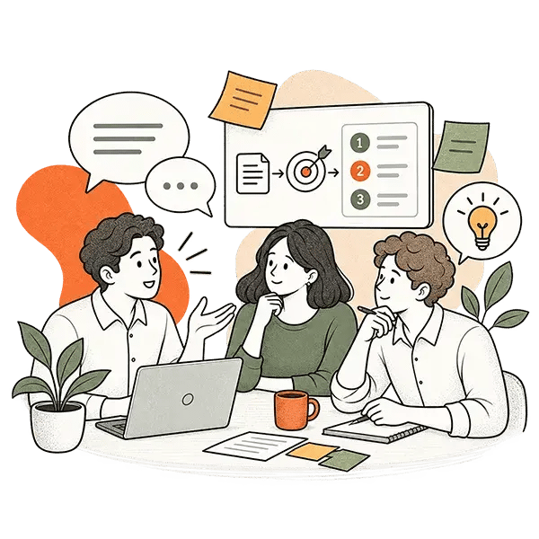 Equipo de trabajo conversando, escuchando y tomando notas para identificar retos y priorizar mejoras en sus procesos antes de implementar una solución tecnológica.