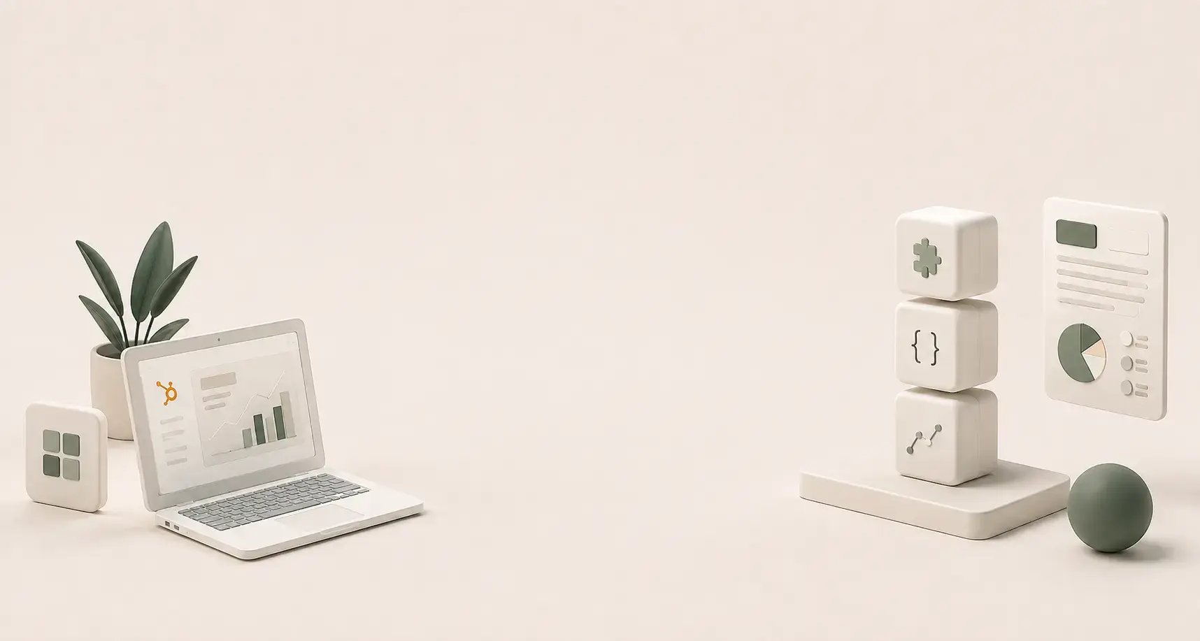 Laptop con dashboard de HubSpot junto a bloques de integración, API y analítica, y un informe con gráfico circular