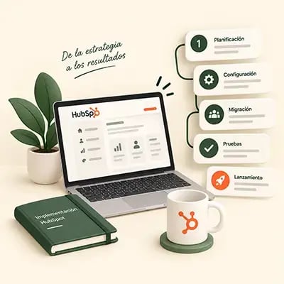 Implementación de HubSpot con configuración, migración de datos, pruebas y lanzamiento del CRM.