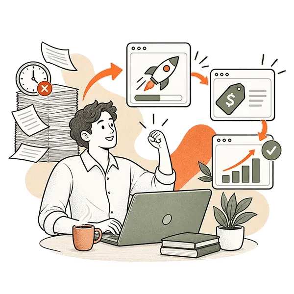Ilustración de una solución tecnológica ágil que transforma procesos complejos en resultados medibles, con entrega rápida, precios transparentes y crecimiento.