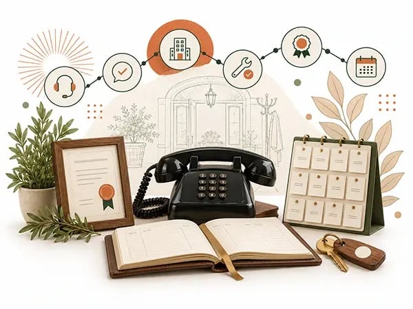 Ilustración de soporte HubSpot personalizado con teléfono de atención, agenda abierta, certificado, calendario anual y llave, acompañados de iconos de servicio y elementos botánicos.