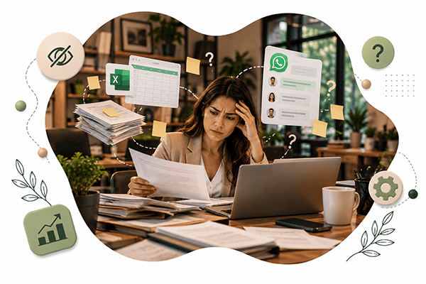 Procesos empresariales en Excel, papel y WhatsApp: profesional revisando información dispersa para dejar de operar a ciegas y digitalizar sus procesos.