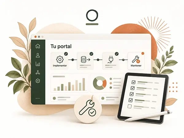 Ilustración de servicios HubSpot con panel de gestión, etapas de implementación, migración e integración, checklist de tareas y elementos decorativos en verde bosque, crema y terracota.