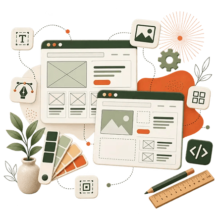Dos pantallas con wireframes de sitios web rodeadas de herramientas de diseño y desarrollo