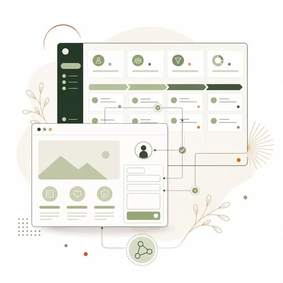 Ilustración de paneles digitales de una app web a la medida con tableros, listados y flujos de trabajo