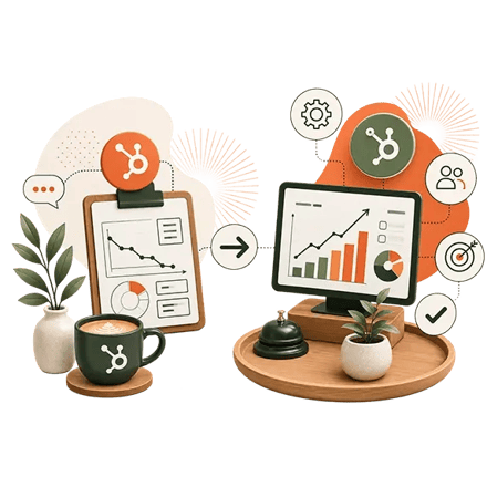 Ilustración de optimización de HubSpot que transforma métricas de bajo rendimiento en resultados