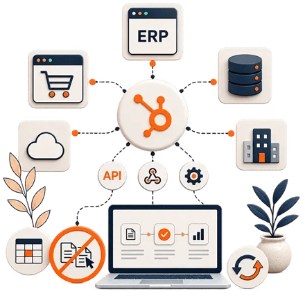 Ilustración de integración de HubSpot con ERP, e-commerce y bases de datos mediante APIs y webhooks