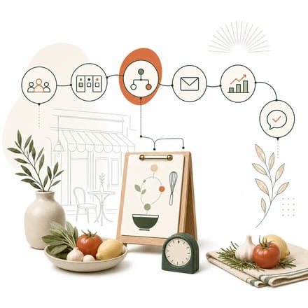 Ingredientes, reloj de cocina y flujo CRM que ilustran cómo un equipo organiza su estrategia en HubSpot