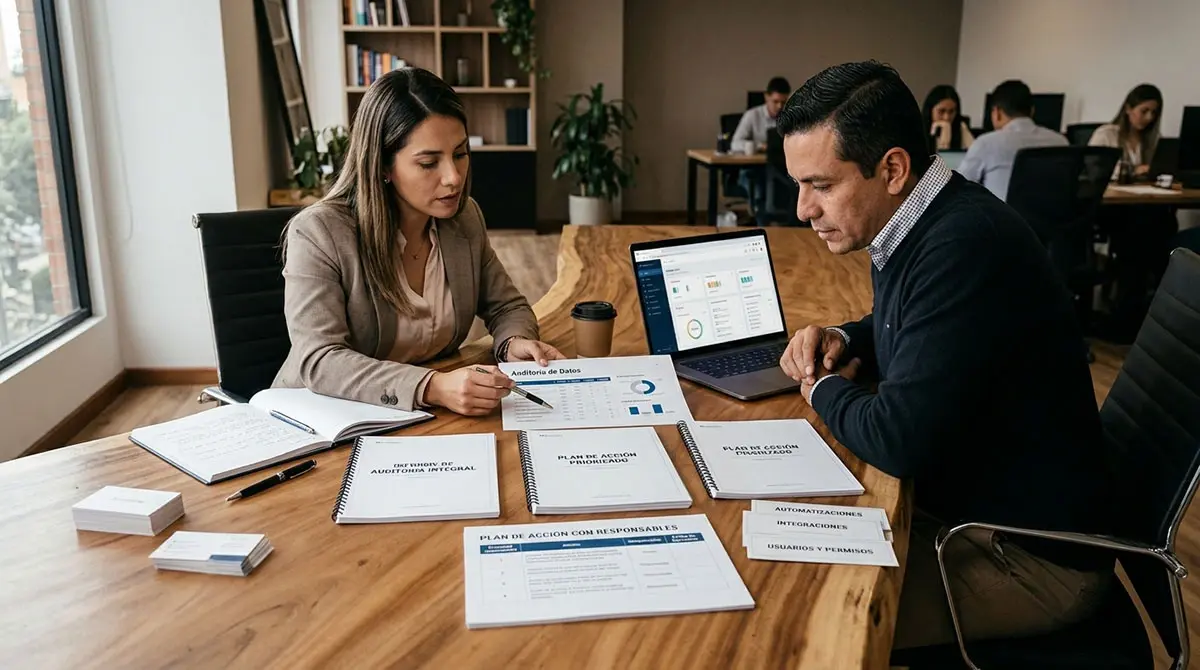 Una consultora y un gerente de operaciones revisan un informe de auditoría de CRM y un plan de acción impreso en una mesa de madera. Al lado, una laptop exhibe gráficos del sistema, transmitiendo una evaluación estructurada y priorizada.