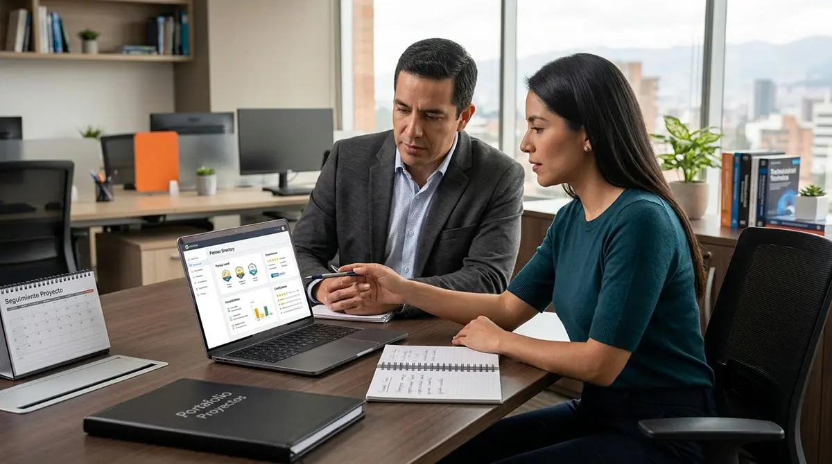 Dos ejecutivos analizan en una laptop el perfil de un consultor de HubSpot en una oficina de Bogotá. Sobre la mesa hay un portafolio de proyectos y un calendario de seguimiento, transmitiendo evaluación rigurosa y validación de experiencia práctica. 